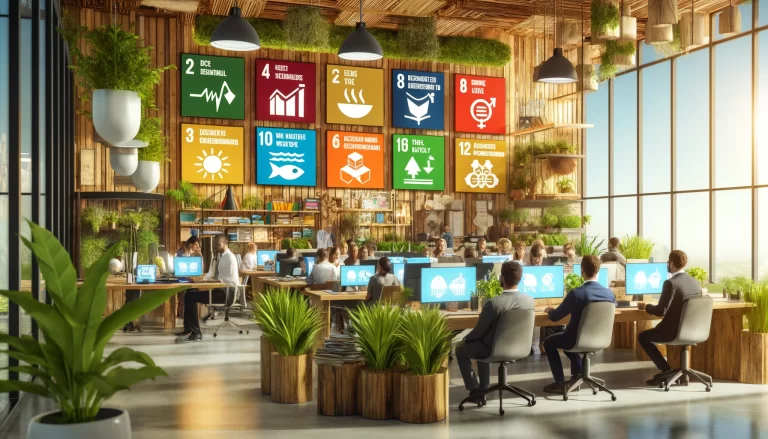 DALL·E 2024-05-12 20.34.44 - A modern office environment designed without any text, showcasing elements representing Sustainable Development Goals (SDGs) 10, 8, and 12